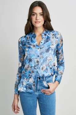 Elie Tahari Floral Satin Burnout Shirt Tops