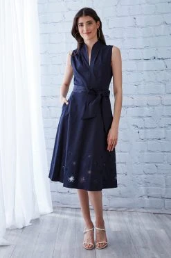 Elie Tahari Embroidered Hem Cotton Midi Dress