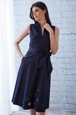 Elie Tahari Embroidered Hem Cotton Midi Dress