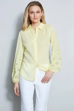 Elie Tahari Crinkle Cotton Embroidered Shirt