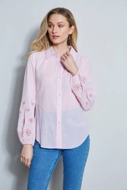 Elie Tahari Crinkle Cotton Embroidered Shirt Summer Delicious Pastels