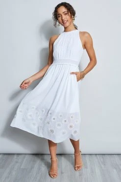 Elie Tahari Embroidered Hem Midi Dress