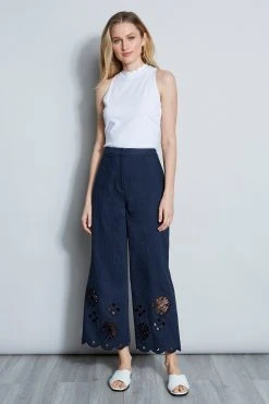 Elie Tahari Scallop Embroidered Linen Pant
