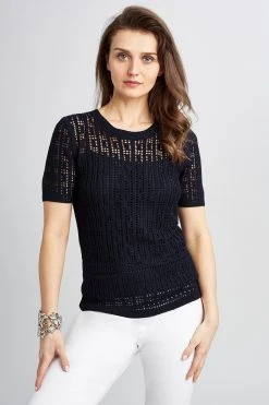 Elie Tahari Crochet Short Sleeve Sweater