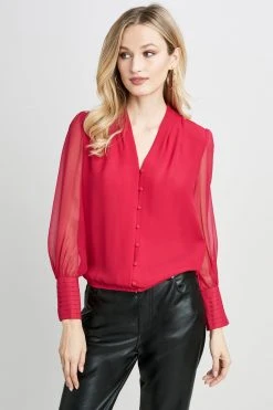 Elie Tahari Tops Pleated Neck Blouson Shirt