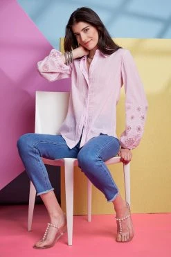 Elie Tahari Crinkle Cotton Embroidered Shirt Summer Delicious Pastels